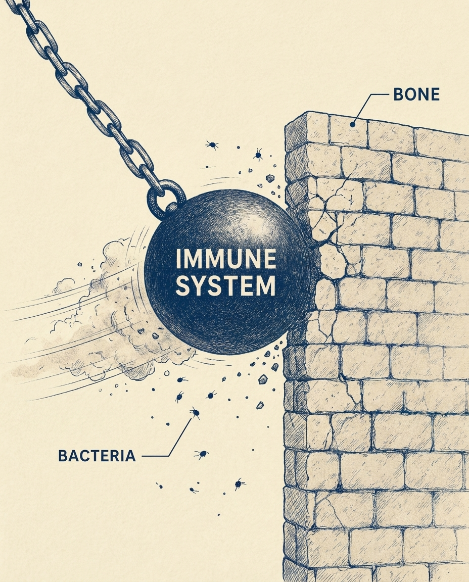 The immune system depicted as a wrecking ball striking the jawbone