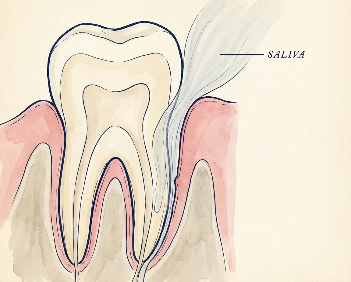 Anatomical illustration of saliva flowing into a deep gum pocket