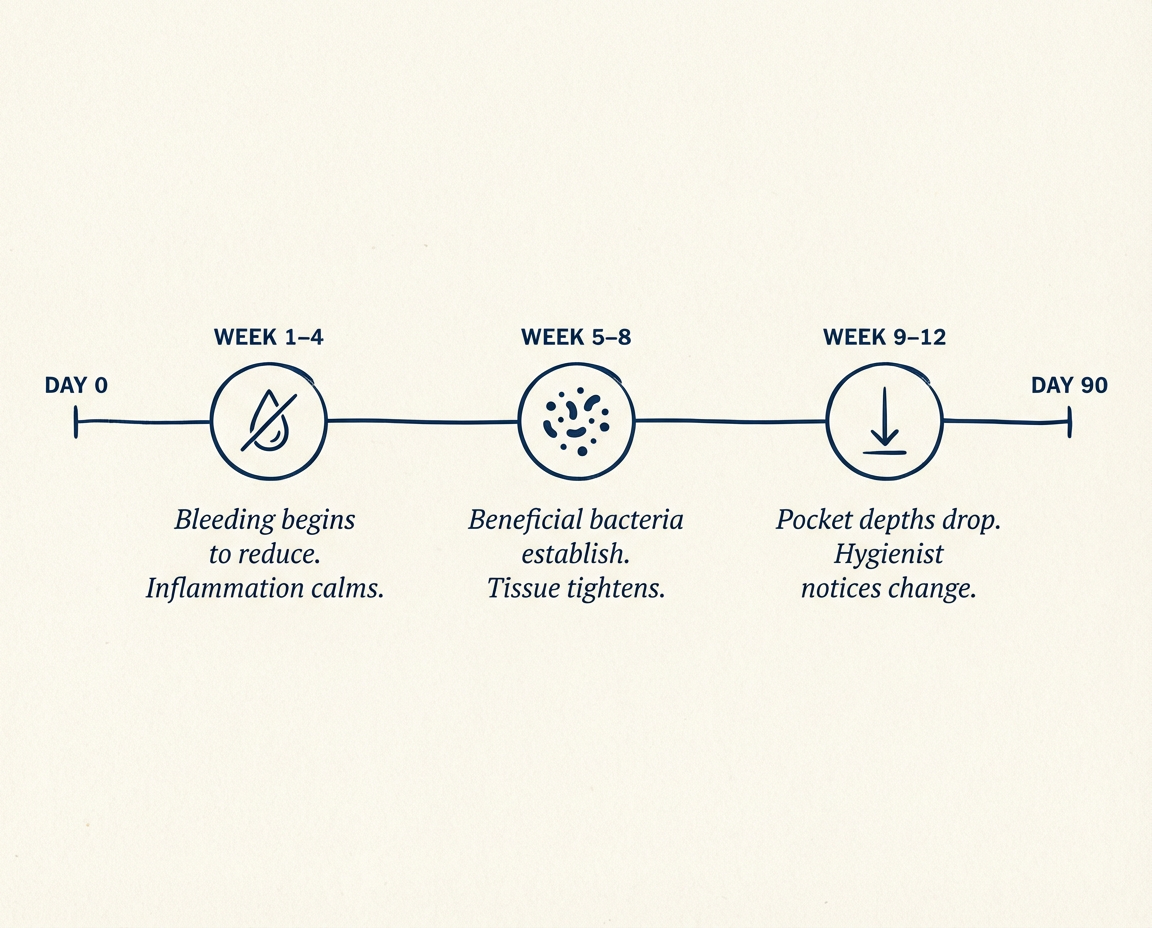 Ninety-day timeline showing gum tissue healing and pocket depth reduction